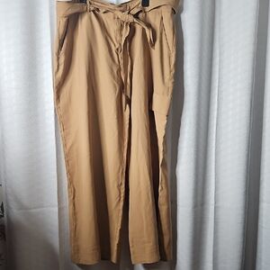 Tan Wide-Leg Pants with Tie Waist